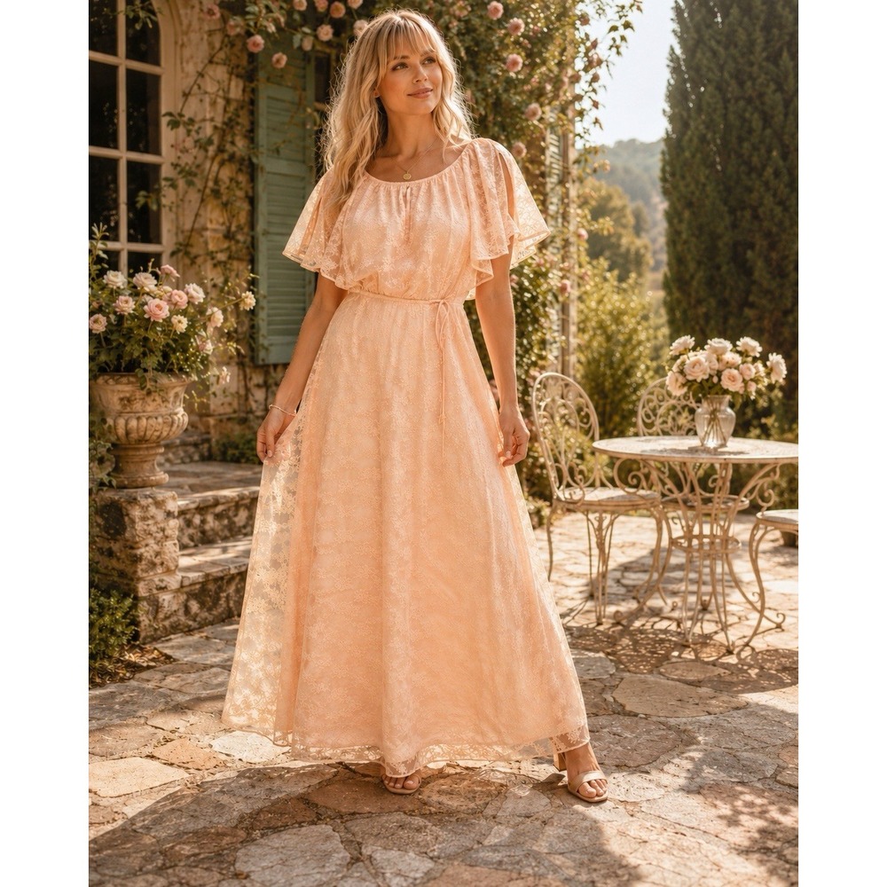 VTG 70s Peach Lace Maxi Dress Romantic Victorian Inspired Cottagecore Boho TT03